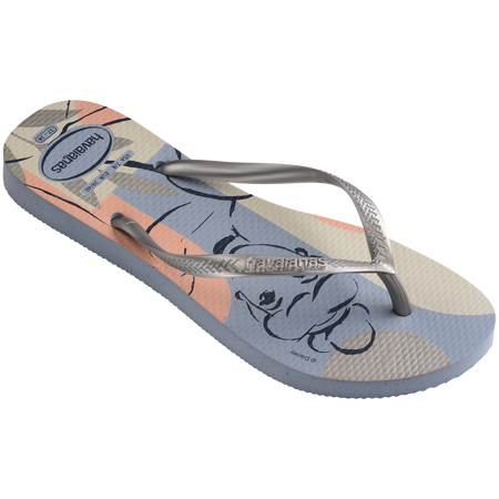 Women's light blue and light pink Disney's Cinderella flip flops with silver metallic straps 3/4 side view