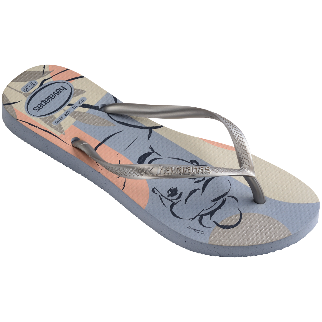 Women's light blue and light pink Disney's Cinderella flip flops with silver metallic straps 3/4 side view