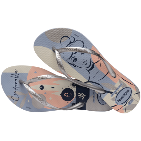 Women's light blue and light pink Disney's Cinderella flip flops with silver metallic straps alternate top view