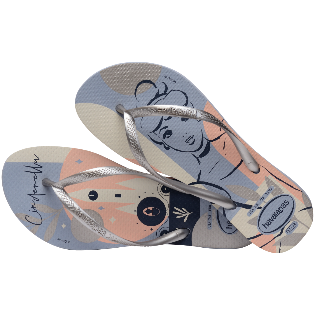 Women's light blue and light pink Disney's Cinderella flip flops with silver metallic straps alternate top view