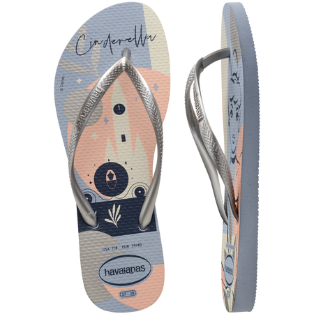 Women's light blue and light pink Disney's Cinderella flip flops with silver metallic straps top and side view