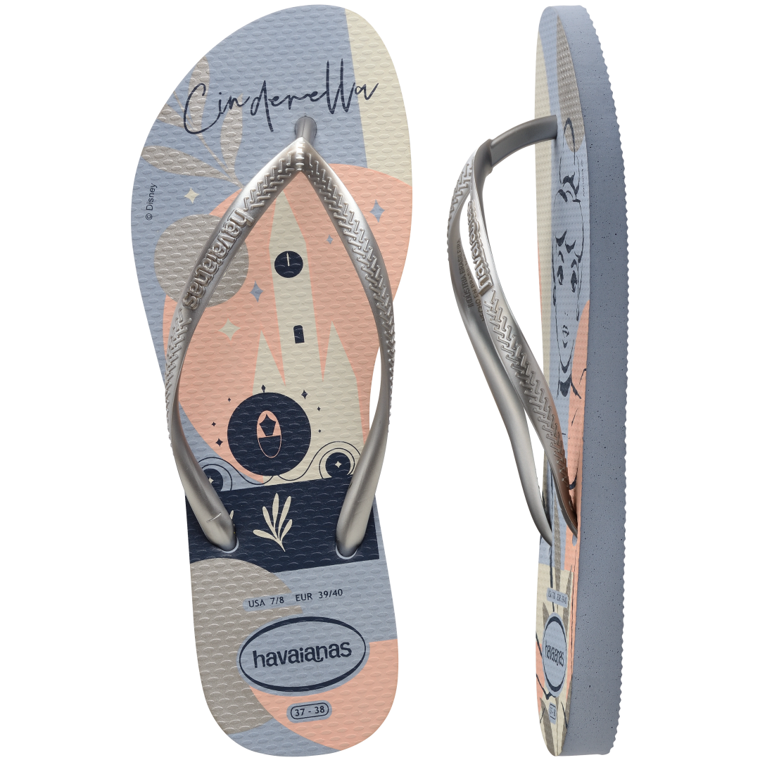 Women's light blue and light pink Disney's Cinderella flip flops with silver metallic straps top and side view