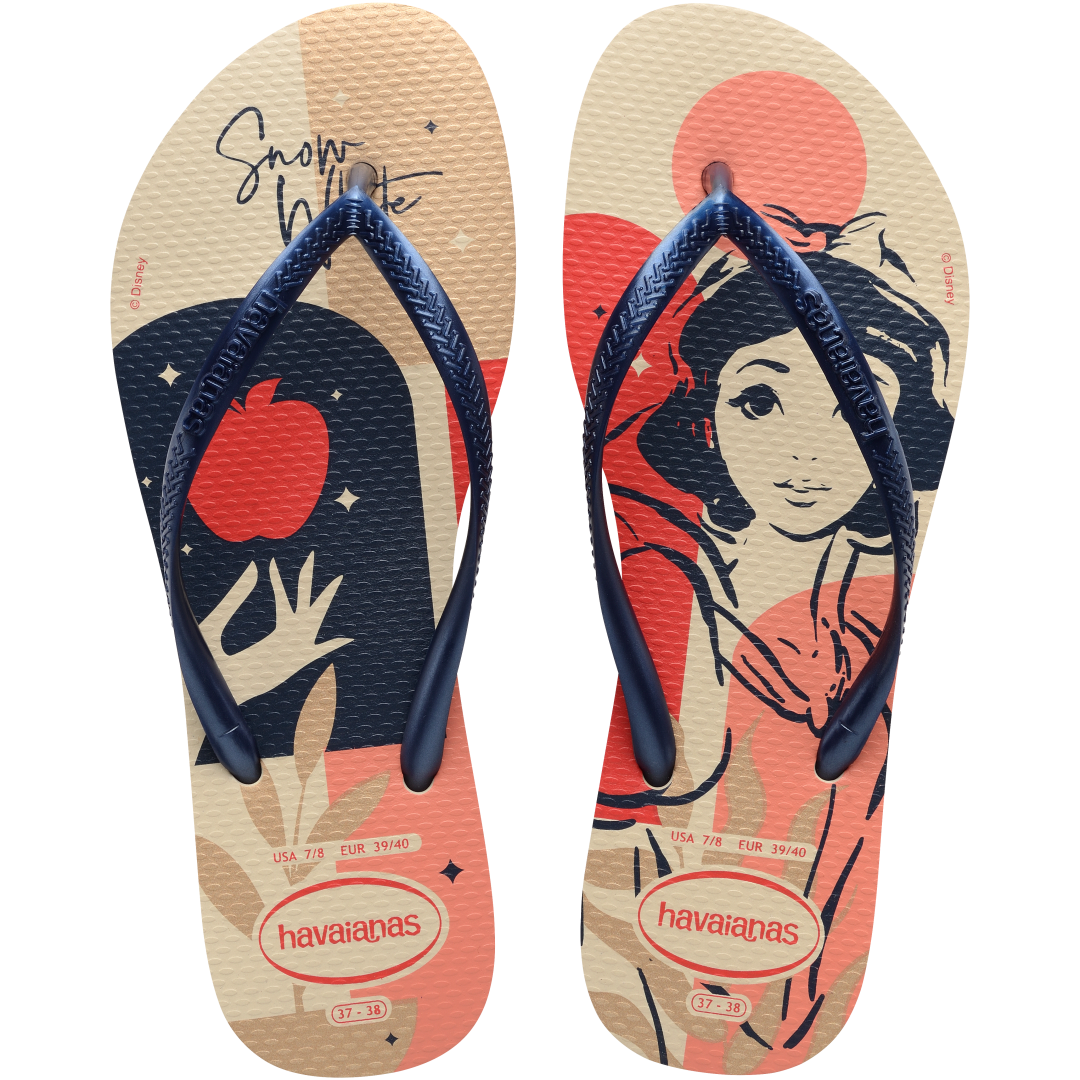 Women's Disney's Snow White cream, navy, red and tan flip flops with navy strap top view