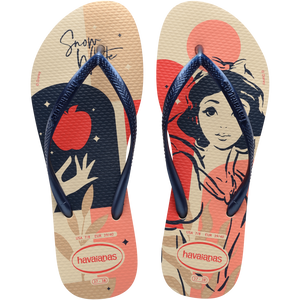 Women's Disney's Snow White cream, navy, red and tan flip flops with navy strap top view