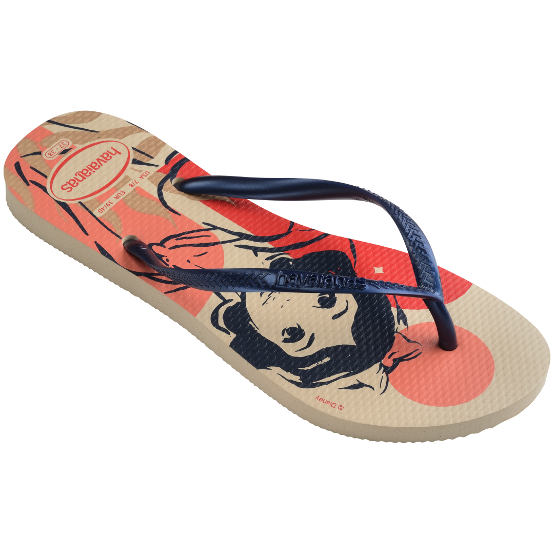 Women's Disney's Snow White cream, navy, red and tan flip flops with navy strap 3/4 side view