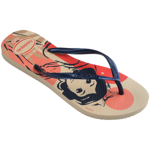 Women's Disney's Snow White cream, navy, red and tan flip flops with navy strap 3/4 side view