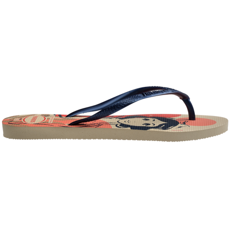 Women's Disney's Snow White cream, navy, red and tan flip flops with navy strap side view