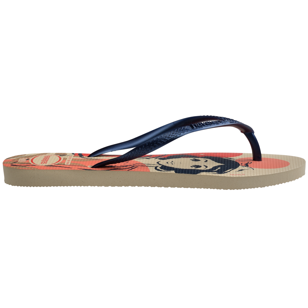 Women's Disney's Snow White cream, navy, red and tan flip flops with navy strap side view