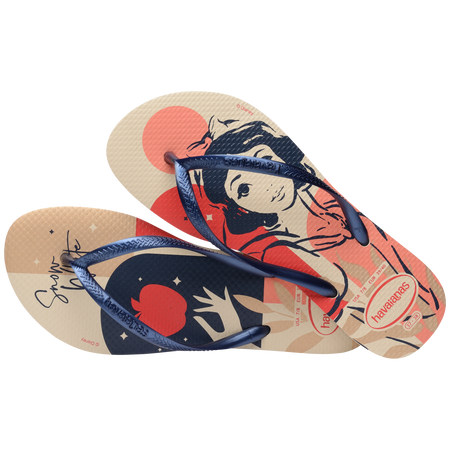 Women's Disney's Snow White cream, navy, red and tan flip flops with navy strap alternate top view