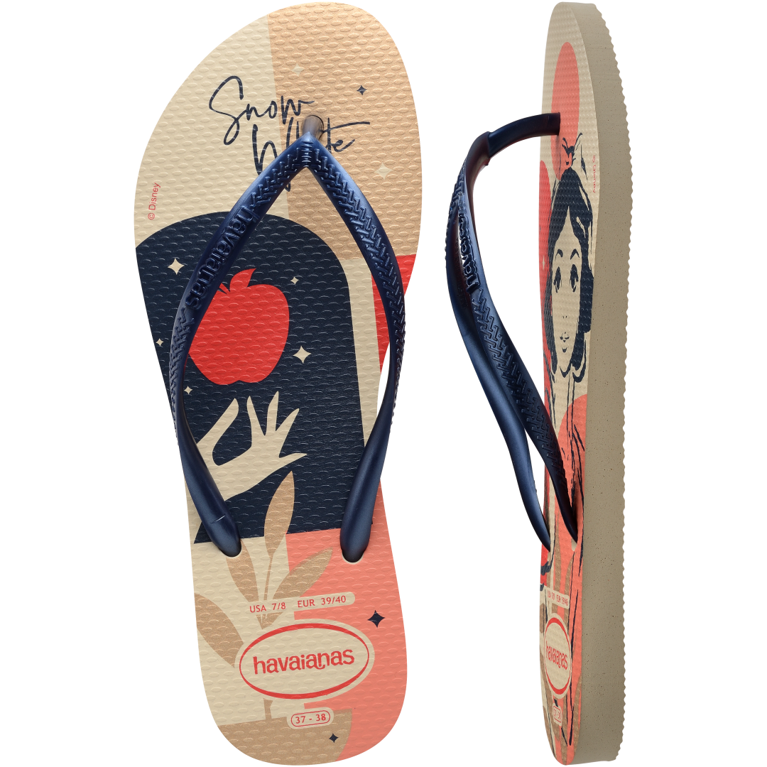 Women's Disney's Snow White cream, navy, red and tan flip flops with navy strap top and side view