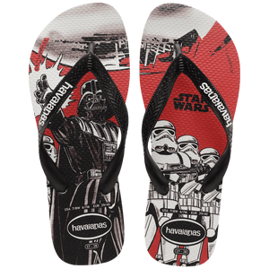 Flip flops with Star Wars' Darth Vader and drones on a red, grey, and white background with black straps, top view