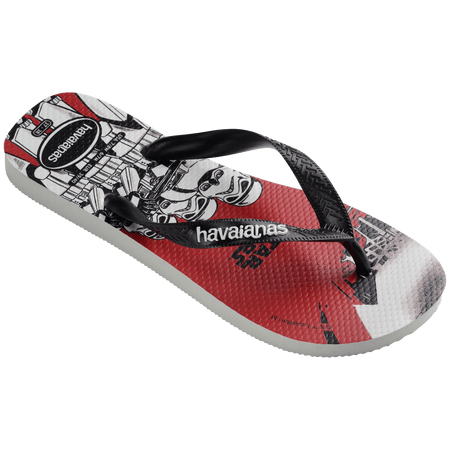 Flip flops with Star Wars' Darth Vader and drones on a red, grey, and white background with black straps, front right view