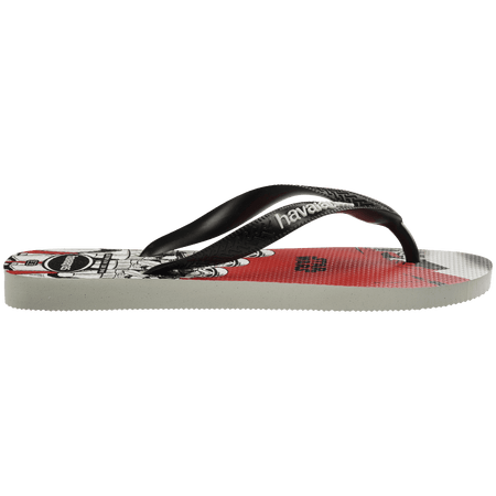 Flip flops with Star Wars' Darth Vader and drones on a red, grey, and white background with black straps, side view