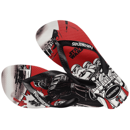 Flip flops with Star Wars' Darth Vader and drones on a red, grey, and white background with black straps, one shoe leaning on the other shoe