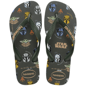 Star Wars characters like Yoda and Darth Vader on a dark olive green background with olive green straps and havaianas written in beige, top view