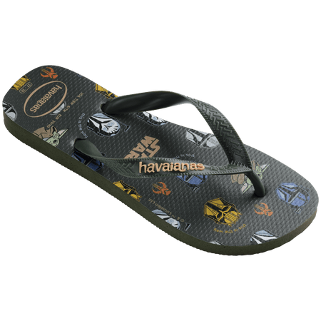 Star Wars characters like Yoda and Darth Vader on a dark olive green background with olive green straps and havaianas written in beige, front right view