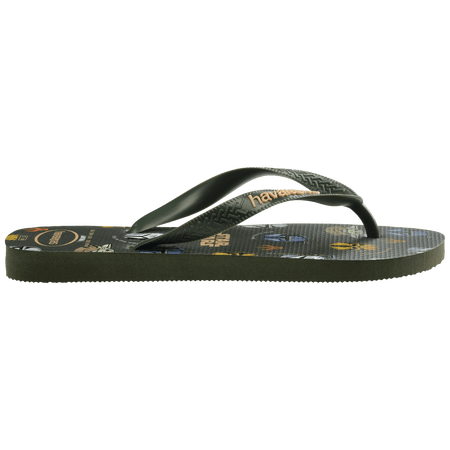 Star Wars characters like Yoda and Darth Vader on a dark olive green background with olive green straps and havaianas written in beige, side view