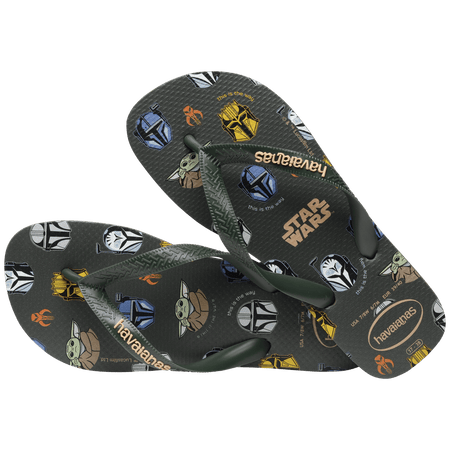 Star Wars characters like Yoda and Darth Vader on a dark olive green background with olive green straps and havaianas written in beige, one shoe leaning on the other shoe