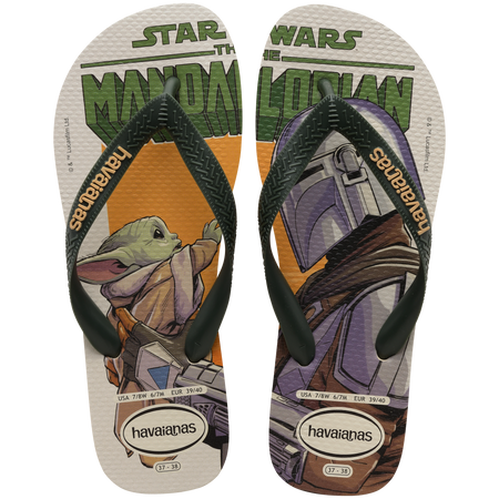 Men's Star Wars The Mandalorian multicolor flip flops with dark green straps top view