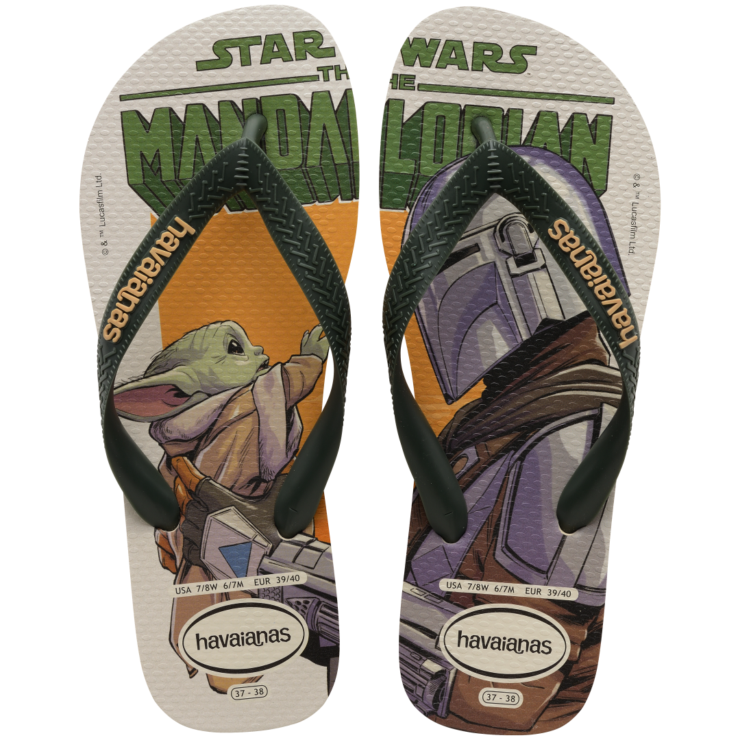 Men's Star Wars The Mandalorian multicolor flip flops with dark green straps top view