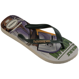 Kids' Star Wars The Mandalorian multicolor flip flops with dark green straps 3/4 side view