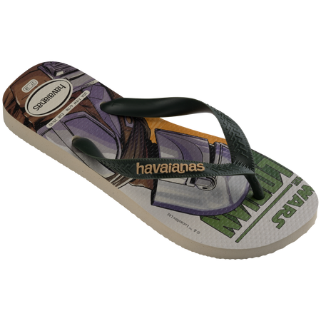 Men's Star Wars The Mandalorian multicolor flip flops with dark green straps 3/4 side view