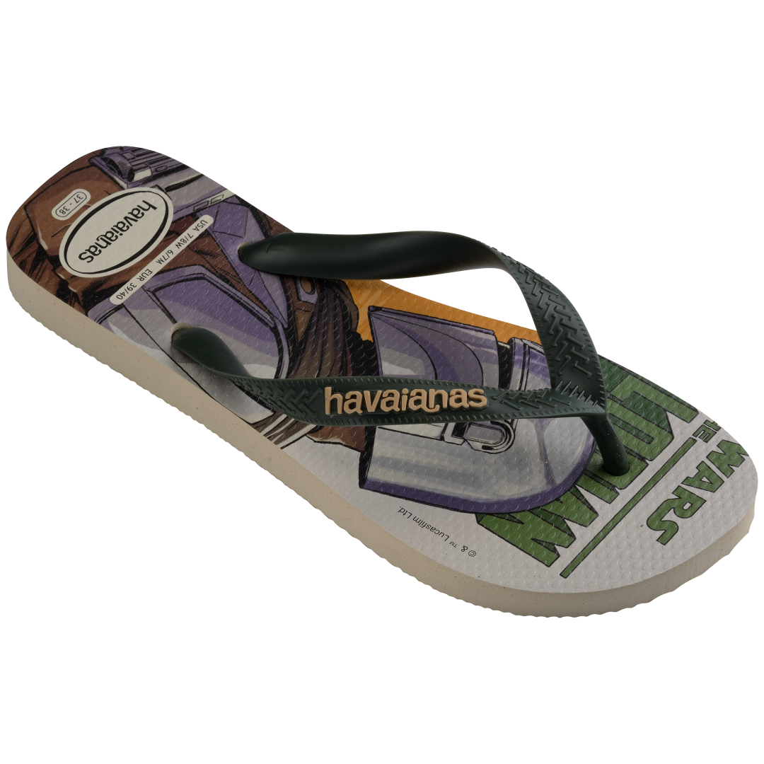 Men's Star Wars The Mandalorian multicolor flip flops with dark green straps 3/4 side view