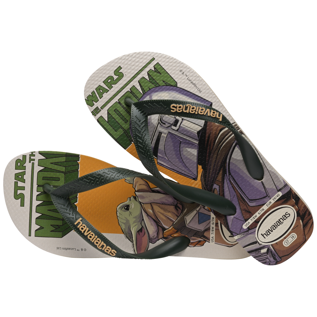 Men's Star Wars The Mandalorian multicolor flip flops with dark green straps alternate top view