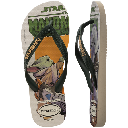 Men's Star Wars The Mandalorian multicolor flip flops with dark green straps top and side view