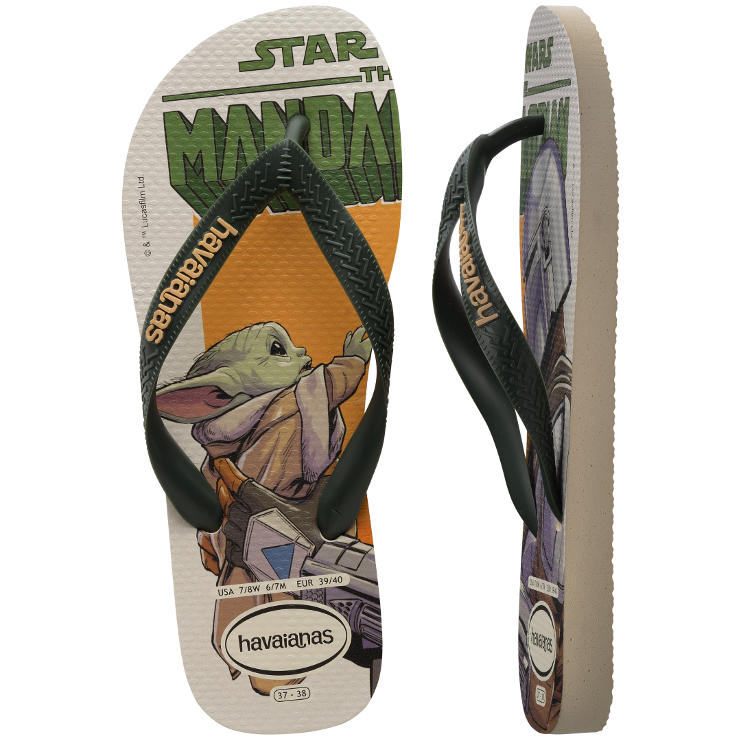 Men's Star Wars The Mandalorian multicolor flip flops with dark green straps top and side view