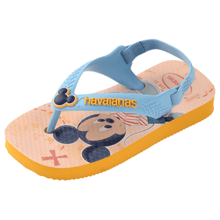 baby sandals with mickey mouse and donald duck on a yellow background with blue straps and a mickey mouse charm, front/diagonal view