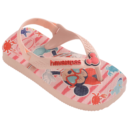 baby sandal with mickey and minnie mouse on pink background with sea creatures and a mickey mouse charm on the pink strap, one sandal front right view