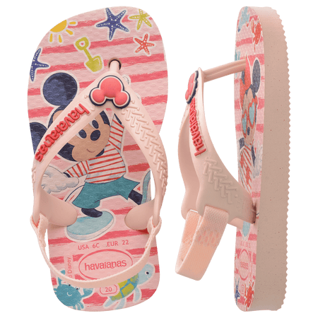 baby sandal with mickey and minnie mouse on pink background with sea creatures and a mickey mouse charm on the pink strap, left sandal top view, right sandal side view