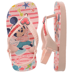 baby sandal with mickey and minnie mouse on pink background with sea creatures and a mickey mouse charm on the pink strap, left sandal top view, right sandal side view