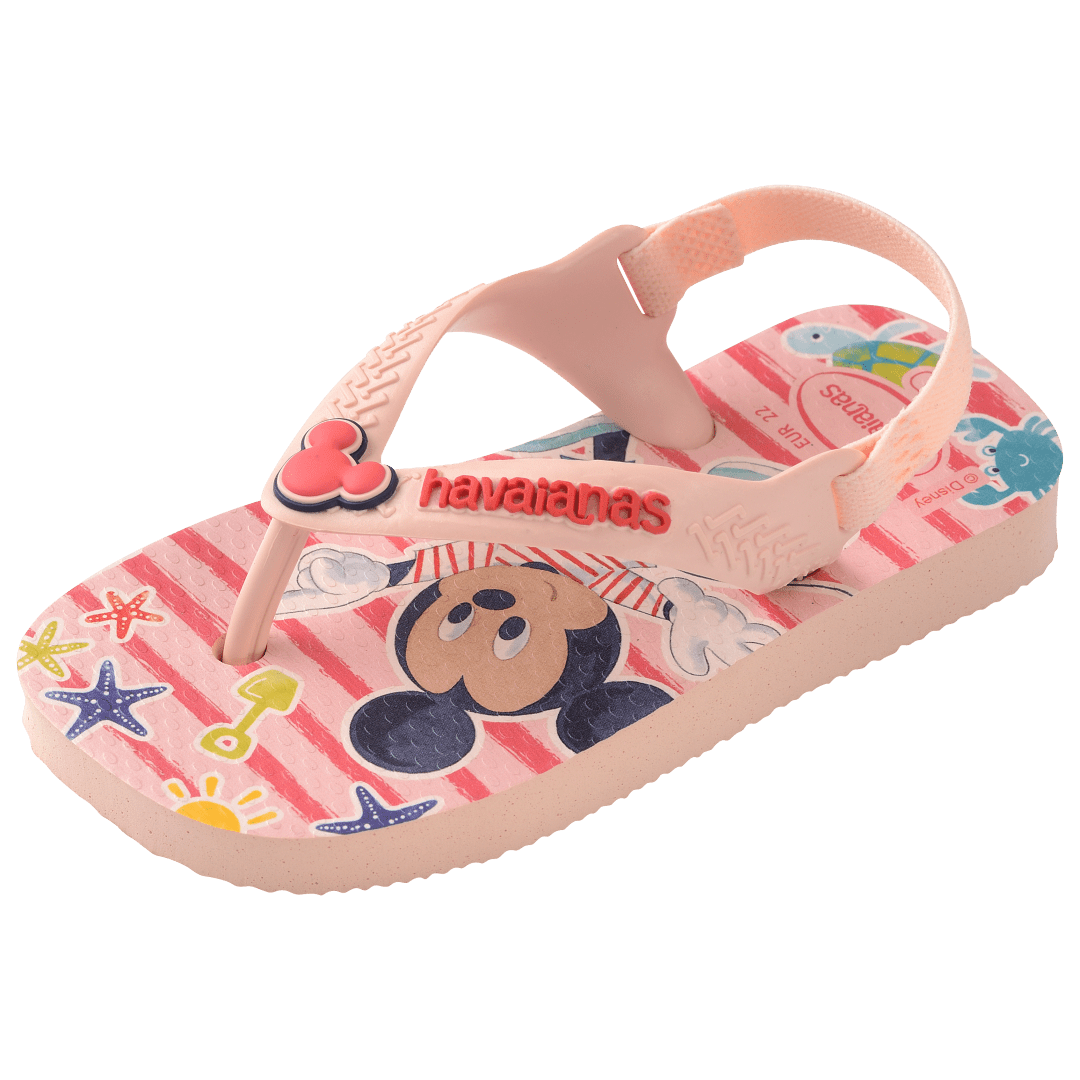 baby sandal with mickey and minnie mouse on pink background with sea creatures and a mickey mouse charm on the pink strap,one sandal front left view