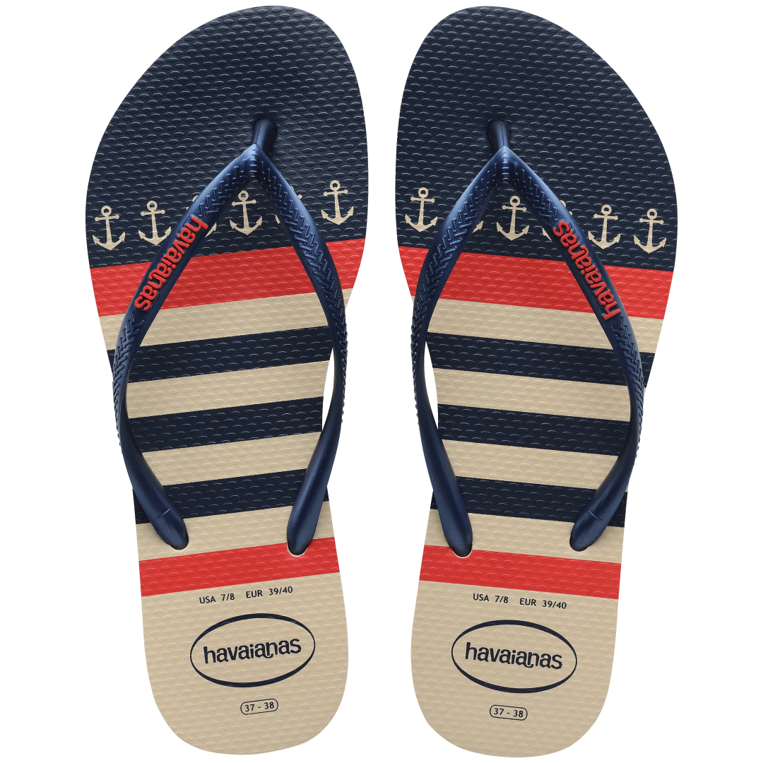 Women's nautical flip flop with red, off white and navy blue stripes and anchor print top view