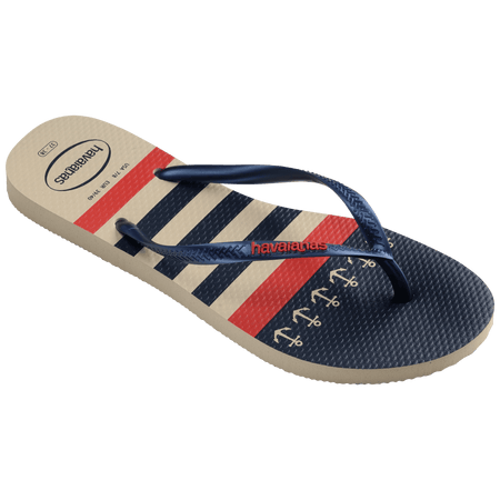 Women's nautical flip flop with red, off white and navy blue stripes and anchor print right 3/4 view