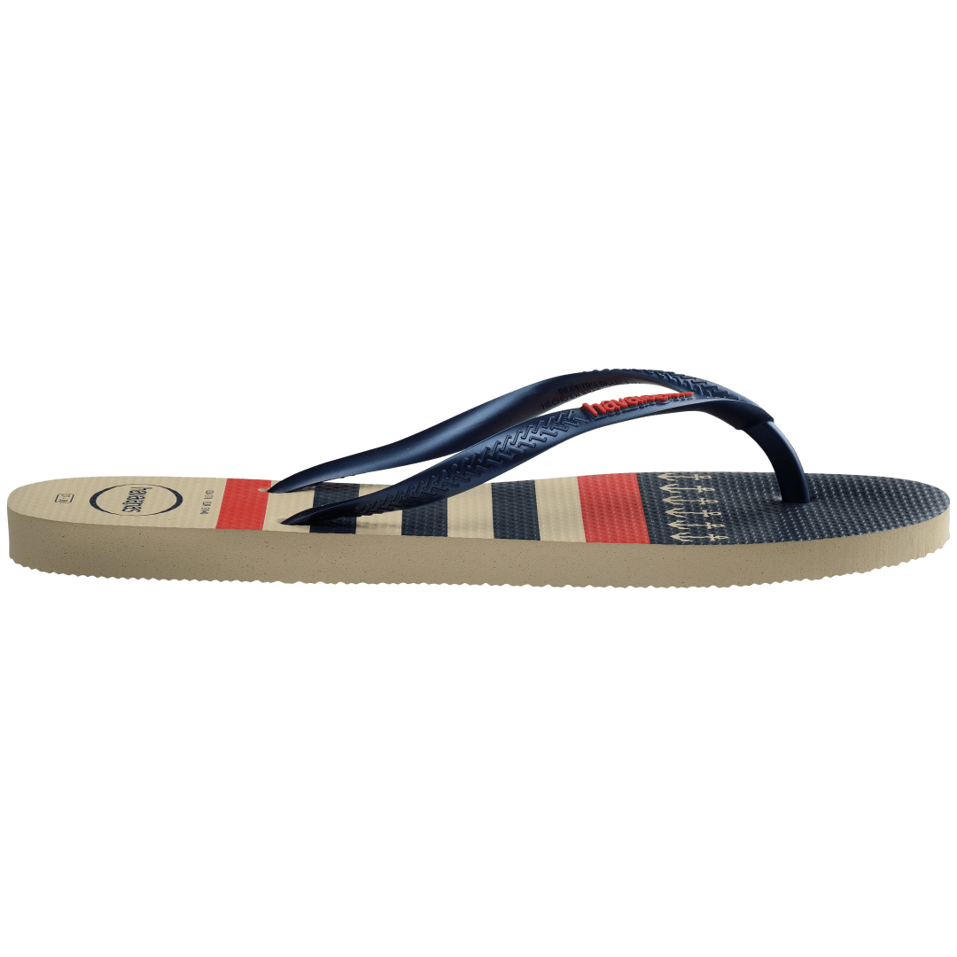 Women's nautical flip flop with red, off white and navy blue stripes and anchor print side view