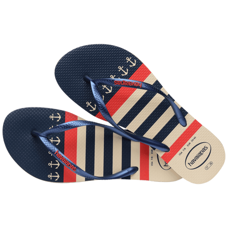 Women's nautical flip flop with red, off white and navy blue stripes and anchor print alternate top view