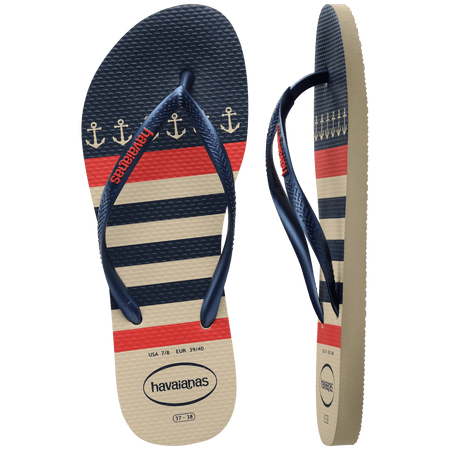 Women's nautical flip flop with red, off white and navy blue stripes and anchor print top and side view