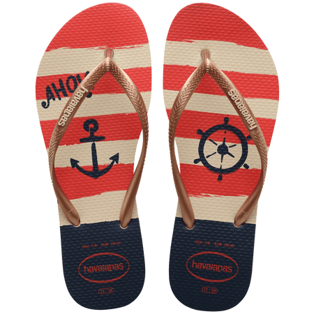 Women's red, cream and blue stripes nautical flip flop with gold straps, top view