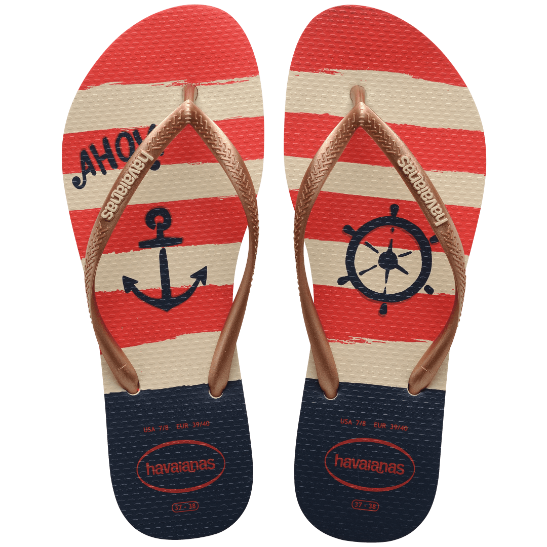 Women's red, cream and blue stripes nautical flip flop with gold straps, top view