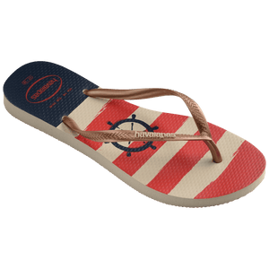 Women's red, cream and blue stripes nautical flip flop with gold straps, 3/4 side view