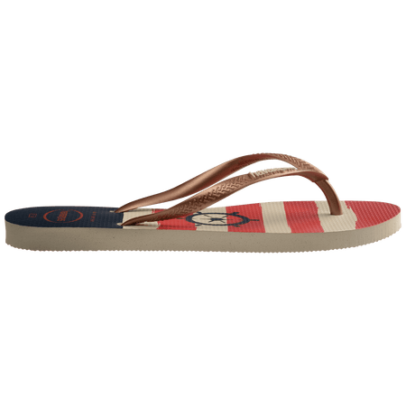 Women's red, cream and blue stripes nautical flip flop with gold straps, side view