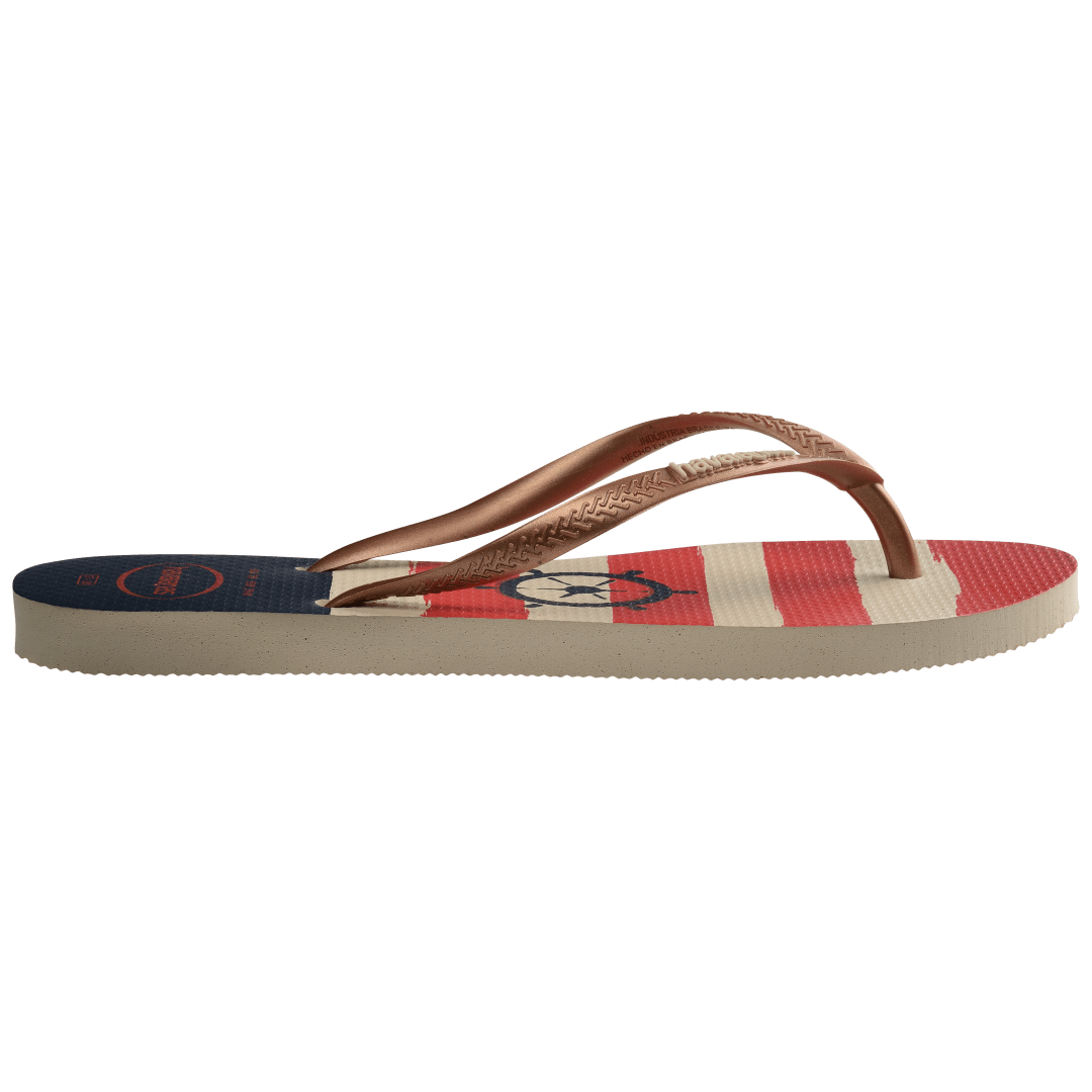 Women's red, cream and blue stripes nautical flip flop with gold straps, side view