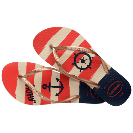 Women's red, cream and blue stripes nautical flip flop with gold straps, alternate top view