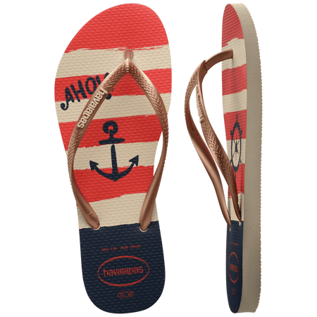 Women's red, cream and blue stripes nautical flip flop with gold straps, top and side view