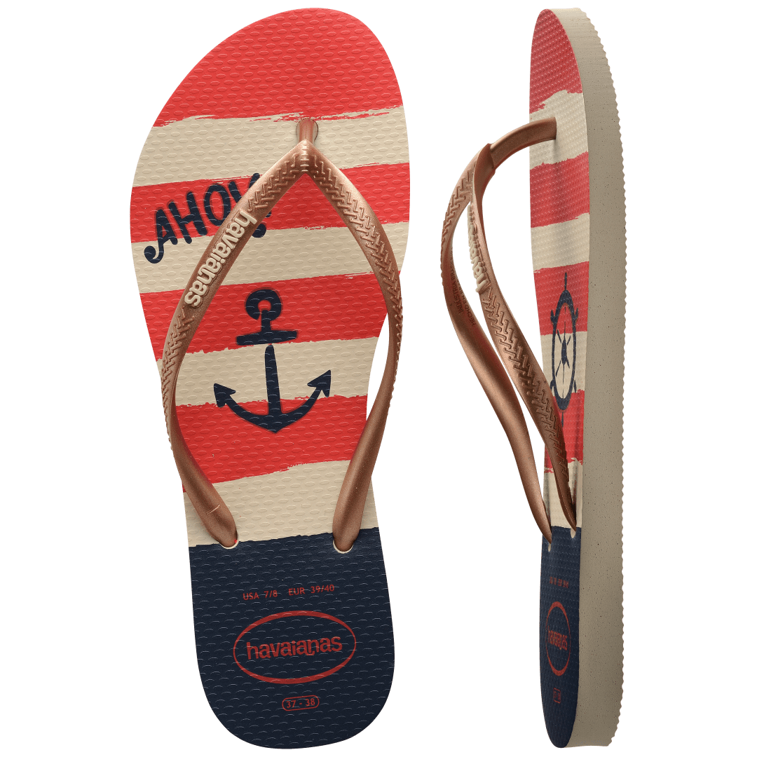 Women's red, cream and blue stripes nautical flip flop with gold straps, top and side view