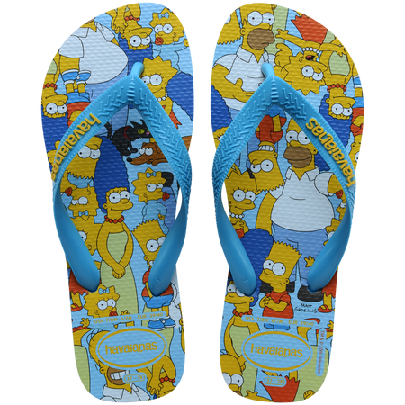 Men's multicolor The Simpsons flip flops with light blue strap and sole top view