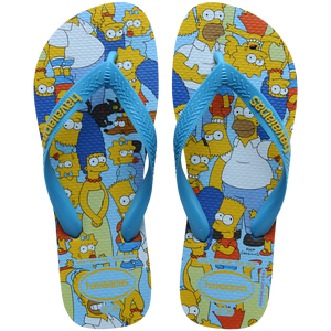 Men's multicolor The Simpsons flip flops with light blue strap and sole top view